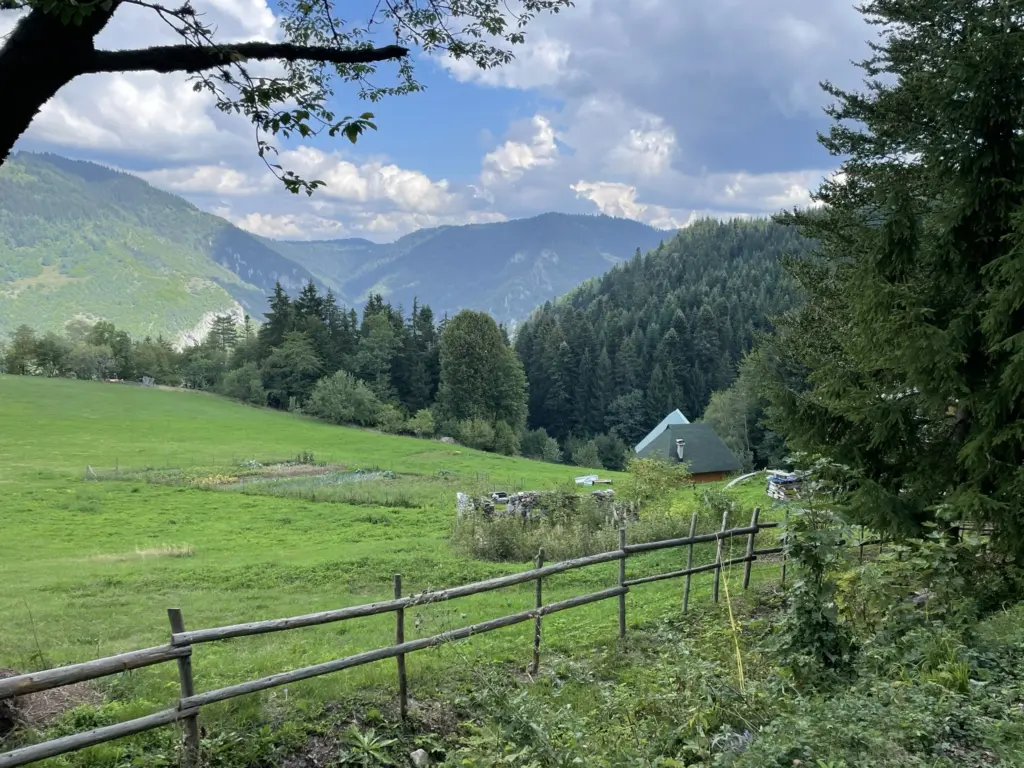 Panorama du chemin de randonnée menant à la Cascade de Skakavac entouré de forêts verdoyantes et de collines